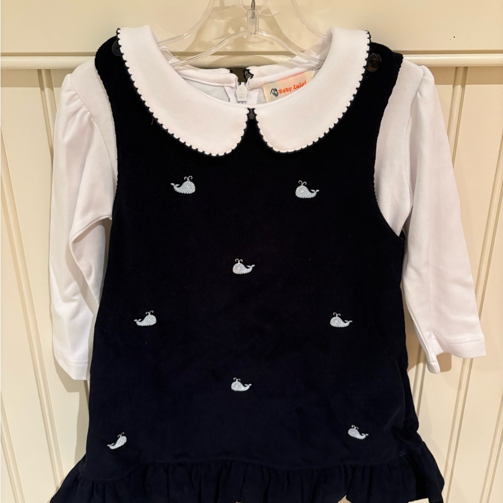 2-piece Navy Blue Dress with blue Whale Embroidery